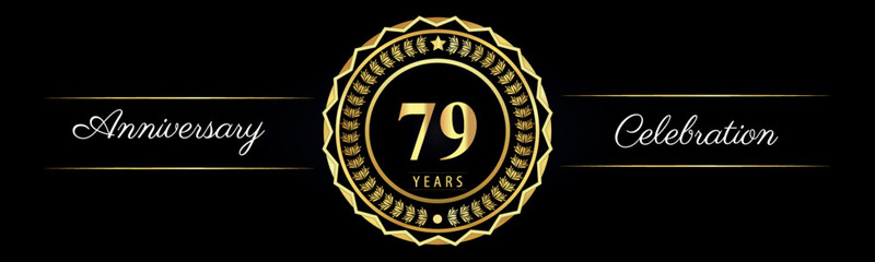 79 years anniversary celebration logotype with gold star frames, number, and flowers on black background. Premium design for marriage, banner, event party, happy birthday, greetings card, jubilee.