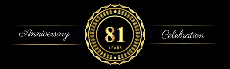 81 years anniversary celebration logotype with gold star frames, number, and flowers on black background. Premium design for marriage, banner, event party, happy birthday, greetings card, jubilee.