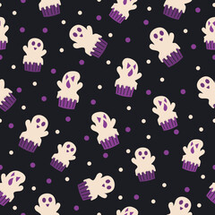 Ghost cupcake pattern for Halloween. Seamless vector