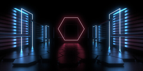 3D abstract background with neon lights. neon tunnel  .space construction . .3d illustration