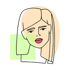 Portrait of a young woman on a background of colored geometric shapes, vector line drawing