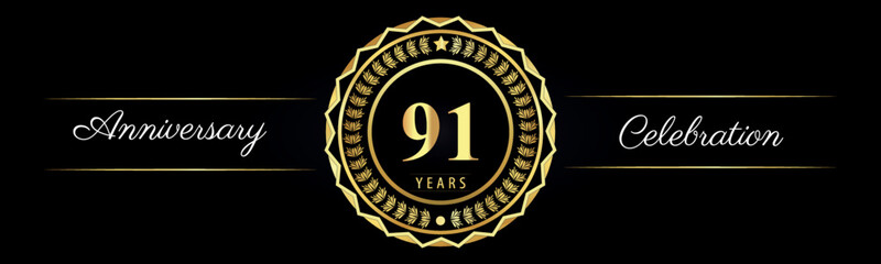 91 years anniversary celebration logotype with gold star frames, number, and flowers on black background. Premium design for marriage, banner, event party, happy birthday, greetings card, jubilee.