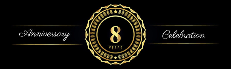8 years anniversary celebration logotype with gold star frames, number, and flowers on black background. Premium design for marriage, banner, event party, happy birthday, greetings card, jubilee.