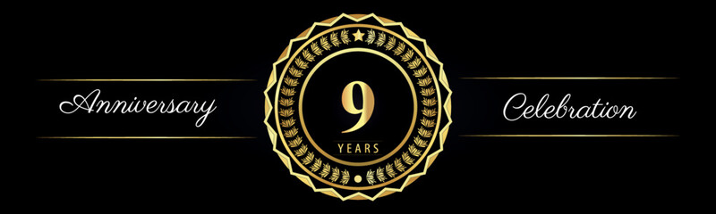 9 years anniversary celebration logotype with gold star frames, number, and flowers on black background. Premium design for marriage, banner, event party, happy birthday, greetings card, jubilee.