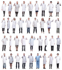 full length group of doctors showing badge isolated