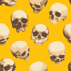 Seamless pattern with old skulls on a yellow backdrop. Repeating vector background with realistic human skulls. Abstract graphic print for wallpaper, wrapping paper, fabric, clothing, Halloween design