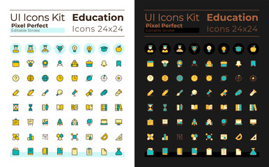 Distance education pixel perfect RGB color ui icons set for dark, light mode. E-learning. GUI, UX design for mobile app. Vector isolated pictograms. Editable stroke. Montserrat Bold, Light fonts used