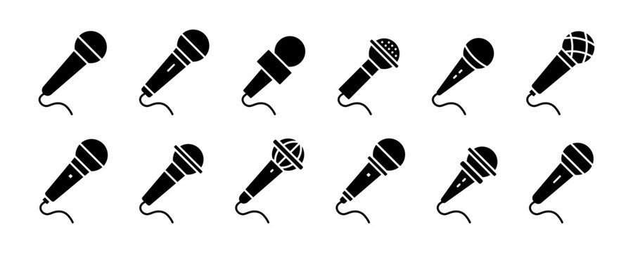 Microphone vector icon set. Broadcast mic sign collection. Karaoke microphone icon