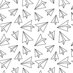 Outline paper plane icon seamless pattern vector. Line continuous hand drawn illustration. Wallpaper, graphic background, fabric, print, wrapping paper.