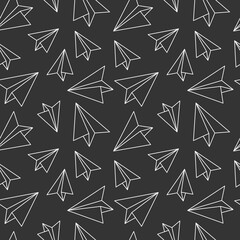 Contour paper plane icon seamless pattern vector. Simple line hand drawn monochrome illustration. Wallpaper, graphic background, fabric, print, wrapping paper.