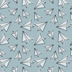 Blue paper plane seamless pattern vector. Doodle linear hand drawn illustration. Wallpaper, graphic background, fabric, print, wrapping paper, banner, card. Travel concept.