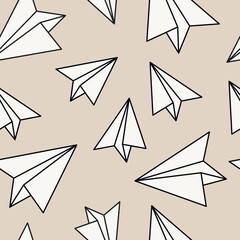 Hand drawn geometric paper plane icon seamless pattern vector illustration. Wallpaper, graphic background, fabric, print, wrapping paper, banner, card.