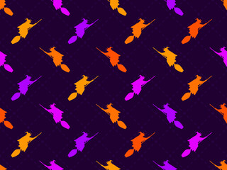 Witches on brooms seamless pattern. Silhouette of a witch on a broomstick in the festive colors of halloween. Design of advertising products, banners and posters. Vector illustration