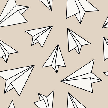 Hand drawn geometric paper plane icon seamless pattern vector illustration. Wallpaper, graphic background, fabric, print, wrapping paper, banner, card.
