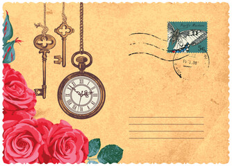 A romantic postcard with beautiful pink roses, an antique watch on a chain, hand-drawn keys and a postage stamp with a butterfly. Vector envelope in vintage style with a postmark and a place for text