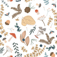 Autumn floral seamless pattern. Berries, leaves, brunches and mushrooms. Cute vintage background for textiles, fabrics, paper, wallpapers. Vector illustration