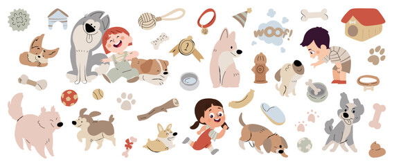 Set of cute kids and dog vector. Lovely dog and friendly puppy doodle pattern in poses, breeds, toy, bone with flat color. Adorable funny pet and characters hand drawn collection on white background. © TWINS DESIGN STUDIO