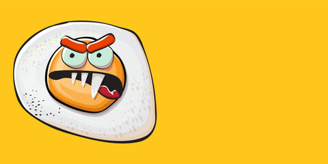 Vector cartoon fried egg character isolated on orange background. Cute fried egg for good morning concept illustration. Funky cartoon egg character for printing on tee, menu and food poster
