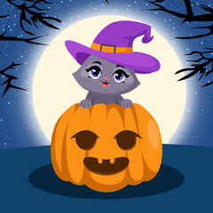 Fototapeta premium Pumpkin and cute wizard cat at halloween night