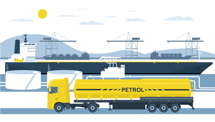 The ship-tanker with oil is unloaded in the port terminal. Fuel truck in the tank takes out fuel from the terminal. Vector illustration.