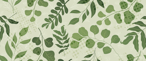 Abstract foliage botanical seamless background. Green wallpaper of tropical plants, leaf branches, foliage, eucalyptus. Foliage seamless design for banner, prints, decor, wall art, decoration. © TWINS DESIGN STUDIO