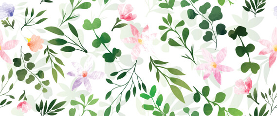 Abstract floral botanical seamless background. Green wallpaper of plants, leaf branch, foliage, eucalyptus, watercolor flower. Foliage seamless design for banner, prints, decor, wall art, decoration.