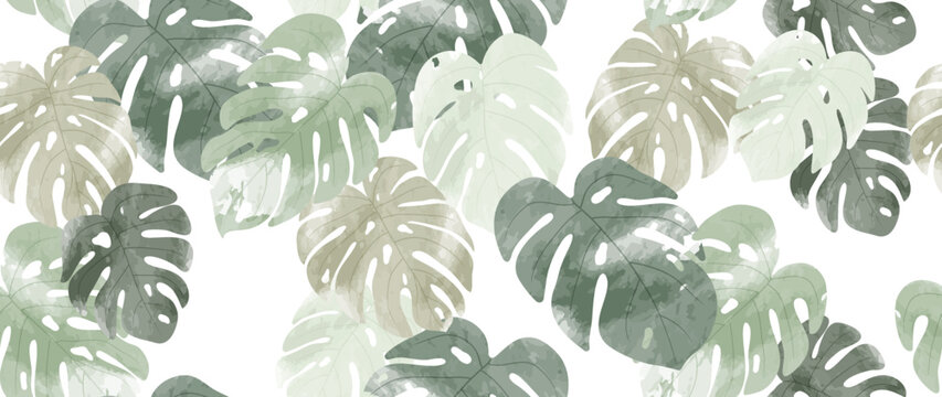 Abstract foliage botanical seamless background. Green watercolor wallpaper of tropical plants, monstera, leaf branches, leaves. Foliage design for banner, prints, decor, wall art, decoration.
