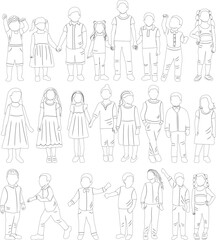 kids set sketch, contour vector, isolated