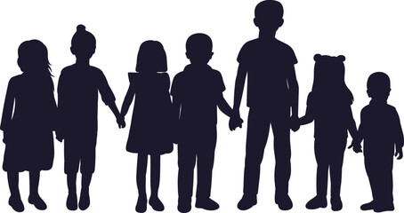 kids holding hands silhouette isolated, vector