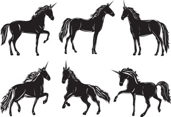 unicorns set, silhouette collection isolated, vector