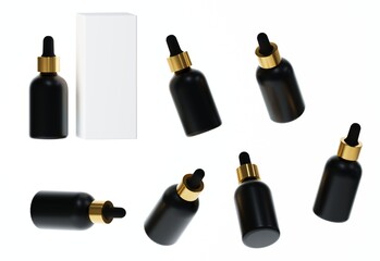 Seven different views of glossy black plastic serum bottle with gold cap 3D render, cosmetic product packaging isolated on white background