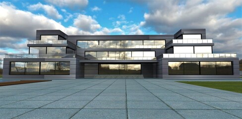 Modern low-rise office building finished with popular horizontal aluminum panels. Front entrance to the building. Cobbled yard of massive concrete slabs. 3d render.