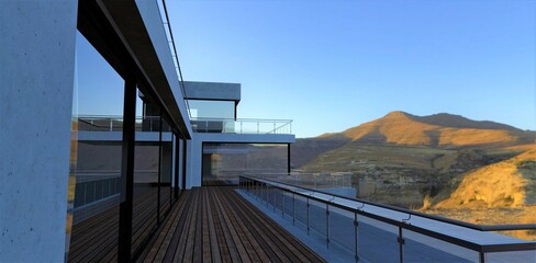 Terrace covered with wood. Glass railing with metal railings. Modern private house with concrete finish in the mountains at sunset. 3d render.