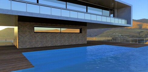 Unusual modern villa with a rooftop pool in the mountains. Wooden flooring. Turquoise water. Gorgeous sunny day. 3d render.
