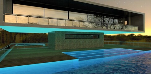Wide comfortable steps shine through the clear cool water in the pool on the roof of a modern private cottage. Turquoise highlights reflect on exterior surfaces. 3d render.