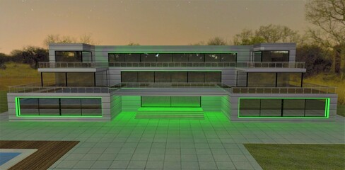 Obraz premium A green LED strip illuminates the façade of an advanced country estate. Smooth even thin light lines. Looks good and saves energy. 3d render.