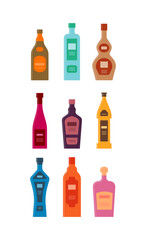 Bottle of brandy gin cognac wine liquor beer vodka whiskey rum. Graphic design for any purposes. Flat style. Color form. Party drink concept. Simple image shape