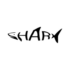 Black and white illustration of a shark with text.