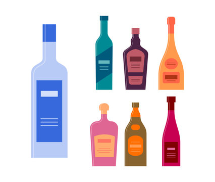 Bottle of vodka gin liquor champagne rum whiskey wine. Graphic design for any purposes. Flat style. Color form. Party drink concept. Simple image shape