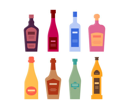 Bottle of liquor wine vodka rum champagne whiskey vermouth beer. Graphic design for any purposes. Flat style. Color form. Party drink concept. Simple image shape
