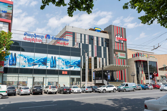 Yerevan/Armenia &ndash; June 27, 2022. Rossia Mall and Carrefour Market at Tigran Mets Ave