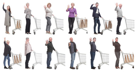 group of people with cart isolated on white