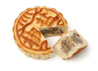 Mid-Autumn Festival moon cake on white background（Non-English texts translation :salt and pepper）
