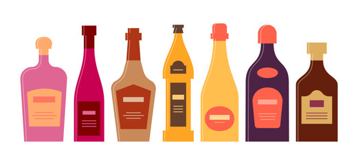 Bottle of liquor red wine whiskey beer champagne tequila rum. Graphic design for any purposes. Flat style. Color form. Party drink concept. Simple image shape