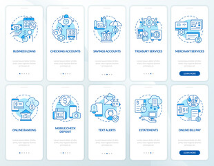 Business bank and digitization blue onboarding mobile app screen set. Walkthrough 5 steps editable graphic instructions with linear concepts. UI, UX, GUI template. Myriad Pro-Bold, Regular fonts used