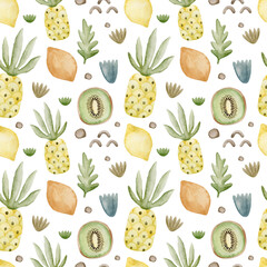 Watercolor seamless pattern of abstract elements and fruits. Modern background.