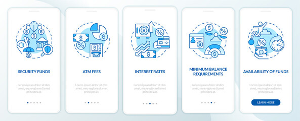 Choosing credit union blue onboarding mobile app screen. Banking walkthrough 5 steps graphic instructions with linear concepts. UI, UX, GUI template. Myriad Pro-Bold, Regular fonts used