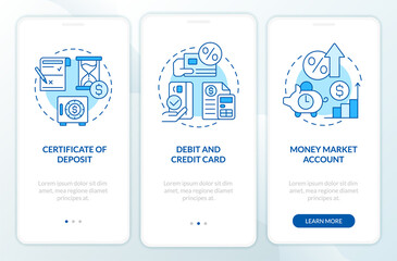 Banking products blue onboarding mobile app screen. Finance walkthrough 3 steps graphic instructions with linear concepts. UI, UX, GUI template