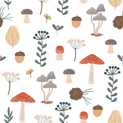 Cute floral seamless pattern. Autumn berries, leaves, brunches and mushrooms. Cute kids background for textiles, fabrics, paper, wallpapers. Vector illustration