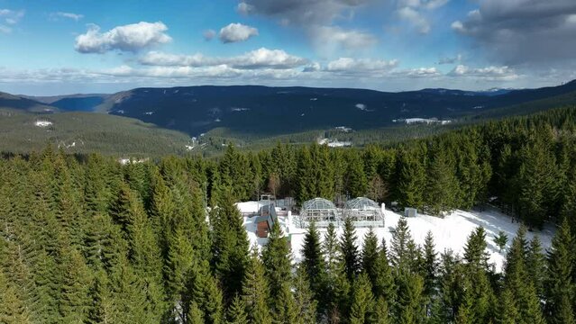 Greenhouse station science snow winter frost drone aerial open top chambers climate change research Bily Kriz, plant spruce Picea abies Norway European mountain beech Fagus sylvatica common scientific